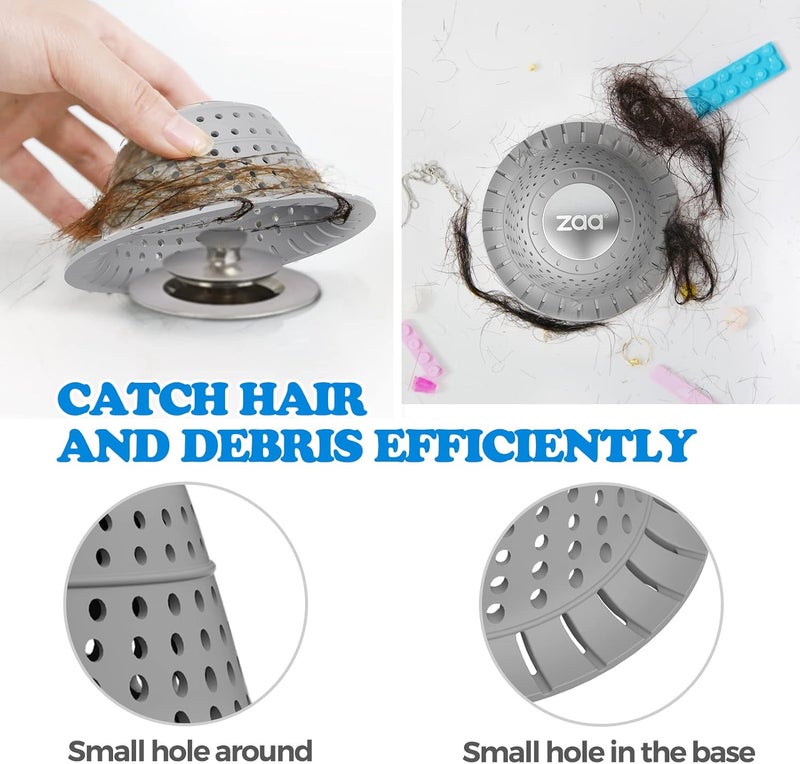 zaa Bathtub Drain Hair Catcher, Premium Silicone Shower Hair Catcher, 1Pack Collapsible Hair Stopper for Pop Up and Regular Drains of Shower, Bathtub, Bathroom Sink, Bathroom Fixture Accessories, Gray - Image 3